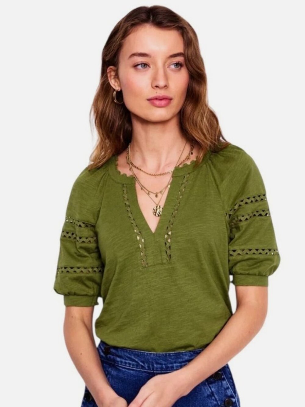 Boden Maisy Rikrak Trim Puff Sleeve Top size 16-18 L XL Green Short Sleeve Cotto